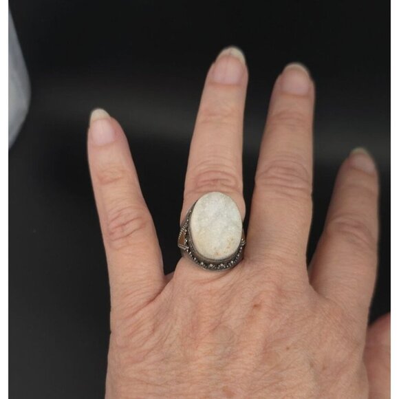 Jewelry - Vntg 925 Sterling Silver Statement Ring White Druzy Quartz Intricate Metalwork
